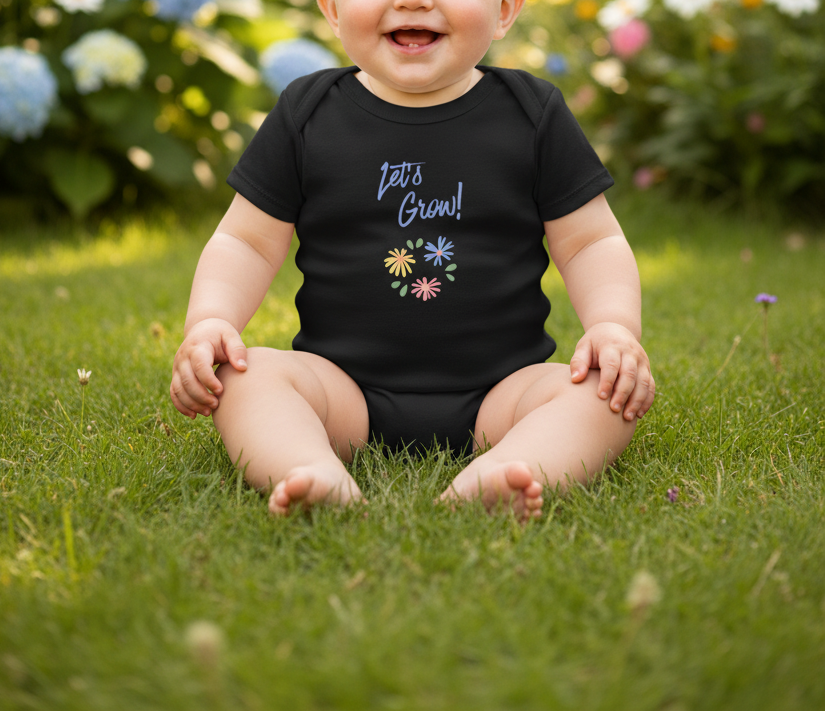 A baby sitting outdoors on green grass wearing a black short-sleeve bodysuit with the text 'Let's Grow!' and small colorful flower graphics on the chest.