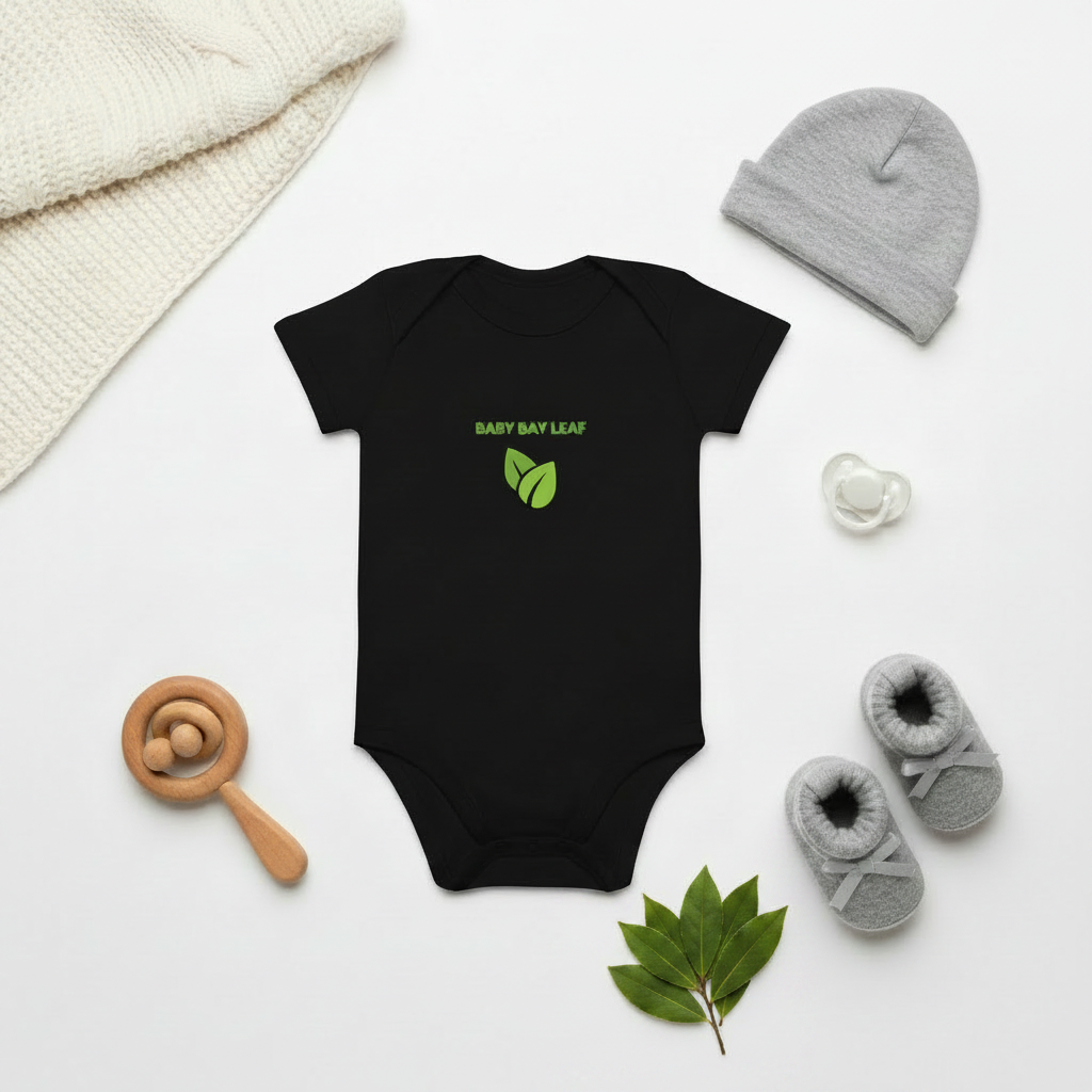 A black baby bodysuit with green 'BABY BAY LEAF' text and a leaf graphic, styled in a flat lay with a gray beanie, gray booties, a wooden rattle, a pacifier, a cream knit blanket, and a small green leaf on a white background.