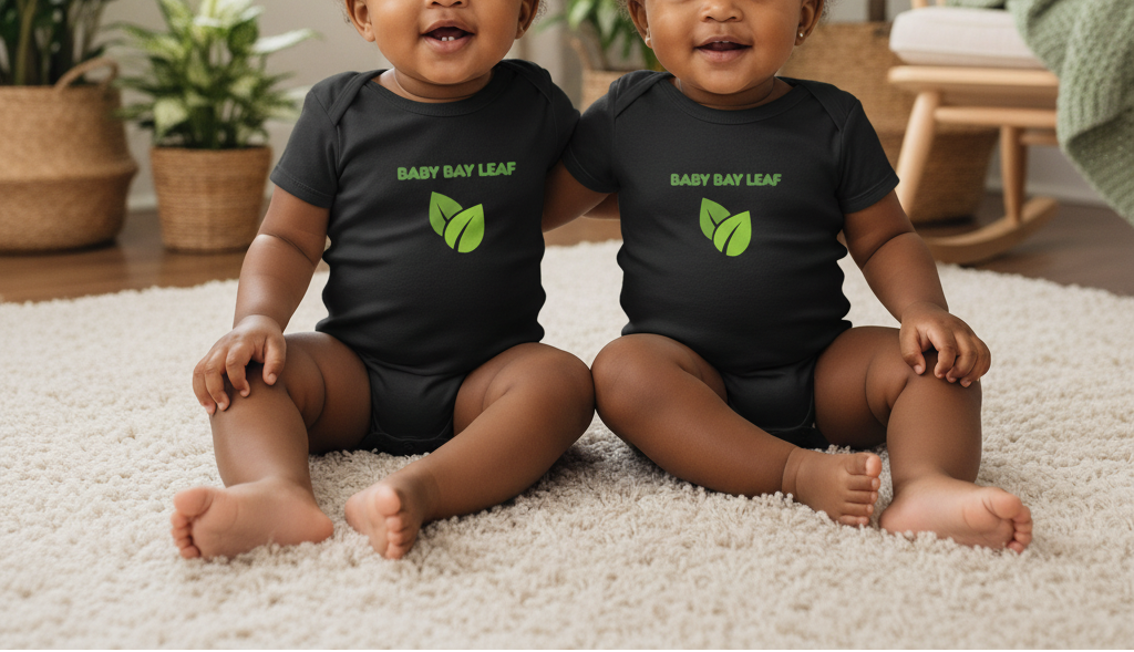Two babies sitting on a white shag rug wearing matching black bodysuits with a green leaf graphic and the text 'BABY BAY LEAF' on the chest, in a cozy indoor setting.