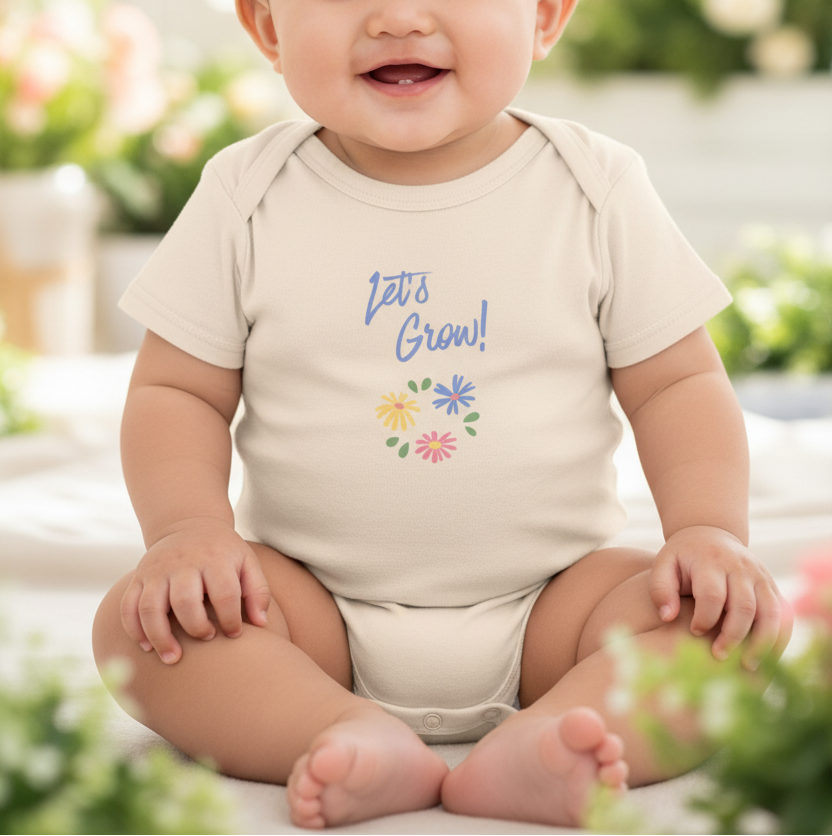 A baby sitting cross-legged wearing a cream-colored short-sleeve bodysuit with 'Let's Grow!' and a small colorful flower graphic printed on the chest, set against a soft, blurred garden background.