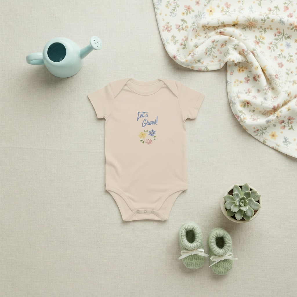 A flat-lay of a pale pink short-sleeve baby bodysuit with 'It's a Girl!' and a small floral graphic on the chest, styled with a light blue watering can, a cream floral blanket, mint green booties, and a small potted succulent on a textured beige fabric background.