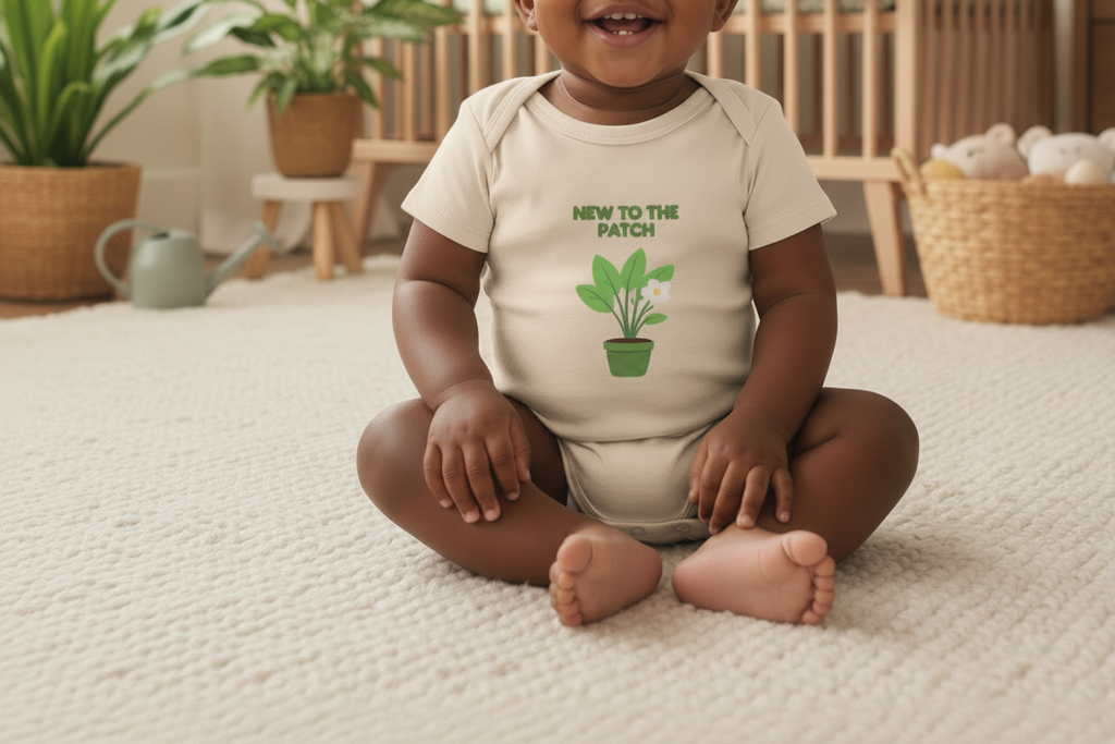 A smiling baby sitting cross-legged on a cream textured rug in a nursery, wearing a beige short-sleeve bodysuit with a green leaf graphic and the text 'NEW TO THE PATCH'.