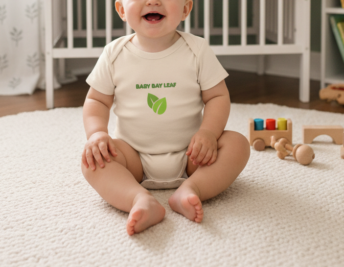 A baby sitting on a white textured rug in a nursery, wearing a cream-colored short-sleeve bodysuit with a green 'BABY BAY LEAF' graphic on the chest.
