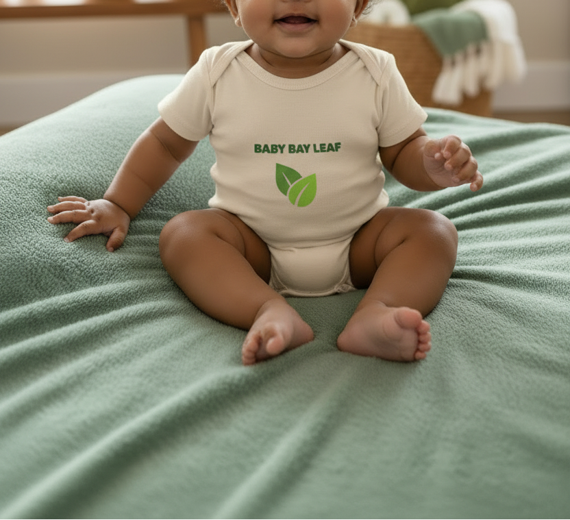 A baby sitting on a soft green blanket wearing a cream bodysuit with 'BABY BAY LEAF' and a green leaf logo printed on the chest.