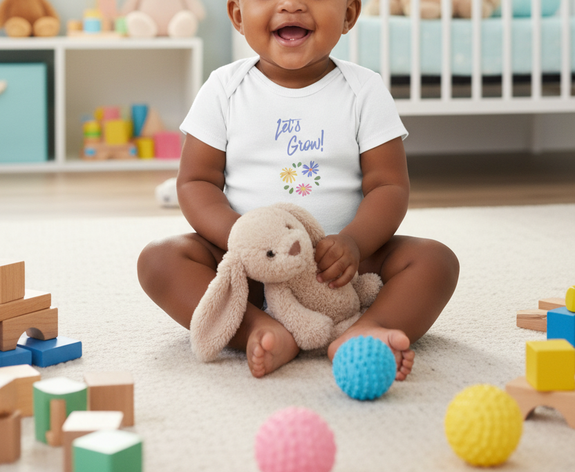 A smiling baby sitting on a carpeted floor with a plush bunny toy, wearing a white short-sleeve bodysuit printed with the words 'Let's Grow!' and small colorful flowers. The room has soft-focus toys and a crib in the background.