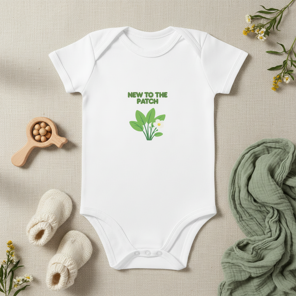 A white short-sleeve baby bodysuit laid flat on a light beige textured surface, printed with the green text 'NEW TO THE PATCH' above a green leaf illustration. The bodysuit is styled with baby socks, a wooden bead spoon, and a green muslin cloth.