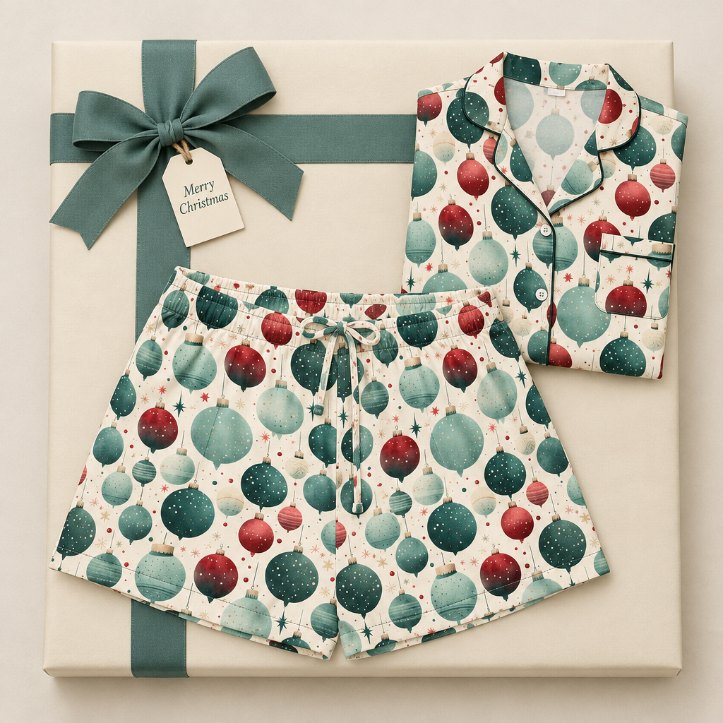 Pajama shorts and folded matching top on a large present