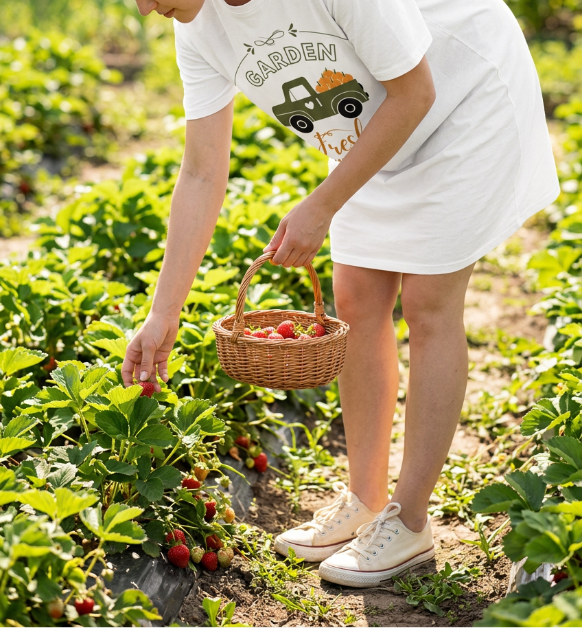 Picking strawberries wearing the Garden Fresh dress and cream sneakers
