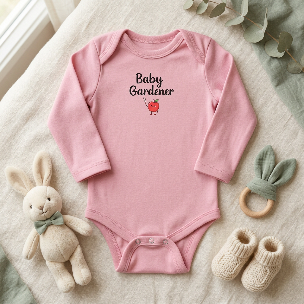 Pink Baby Gardener Apple Onesie flat lay