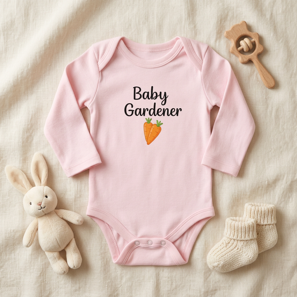 Pink Carrot onesie accessory flat lay