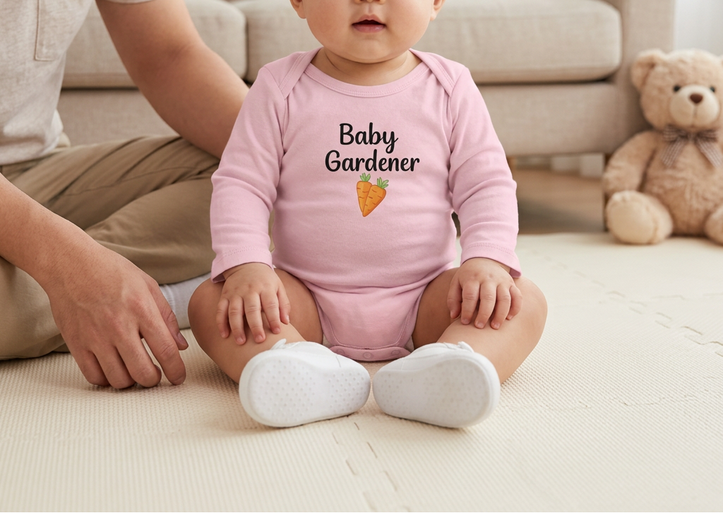 Pink Carrot onesie on a baby on an indoor play mat beside father