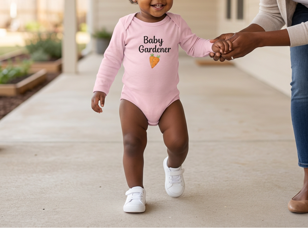Pink Carrot onesie on a toddler in sneakers walking beside mother