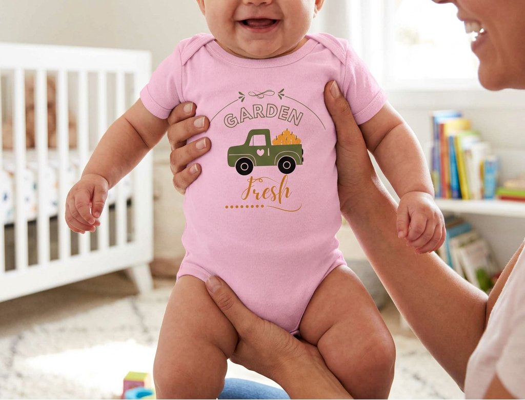 Pink onesie with parent in nursery