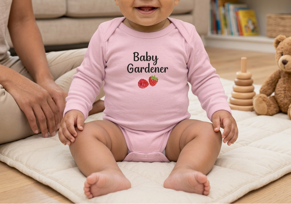 Pink Raspberry onesie on a baby in a supervised living room play area