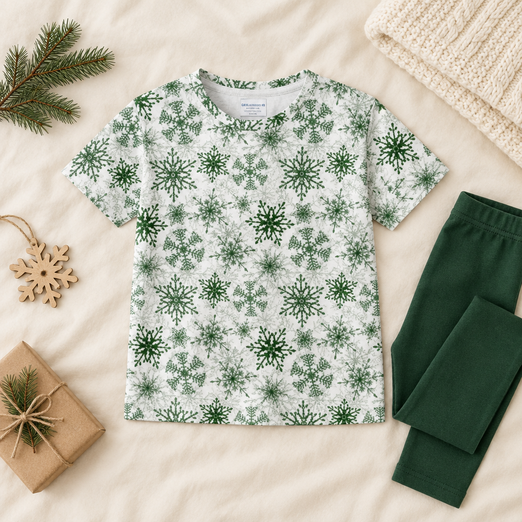 Green snowflake kids pajama top styled with plain green leggings and holiday accessories; leggings sold separately