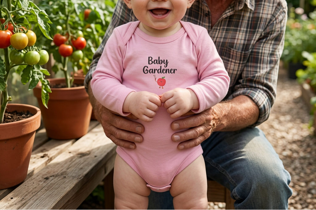 Red-haired baby boy in pink beside a greenhouse