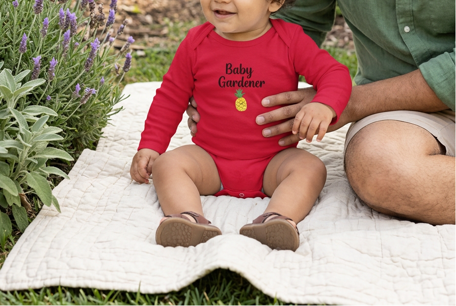 Red Pineapple onesie, baby with father