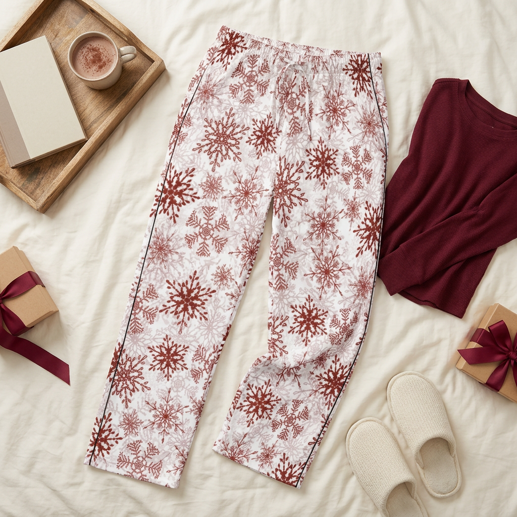 Red Snowflake pajama pants styled on ivory bedding with complementary cozy items