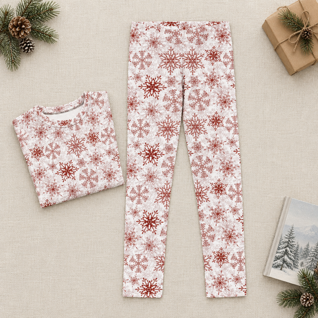 Red Snowflake kid pajama leggings laid out with folded matching top and holiday accessories; top sold separately