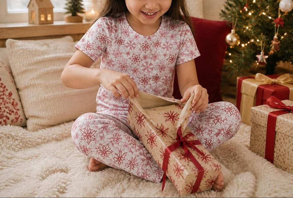 A young girl with dark hair sits cross-legged on a fluffy cream rug, opening a gift box wrapped in beige paper with a red snowflake pattern and a red ribbon. She is wearing matching pajamas with a red snowflake pattern.