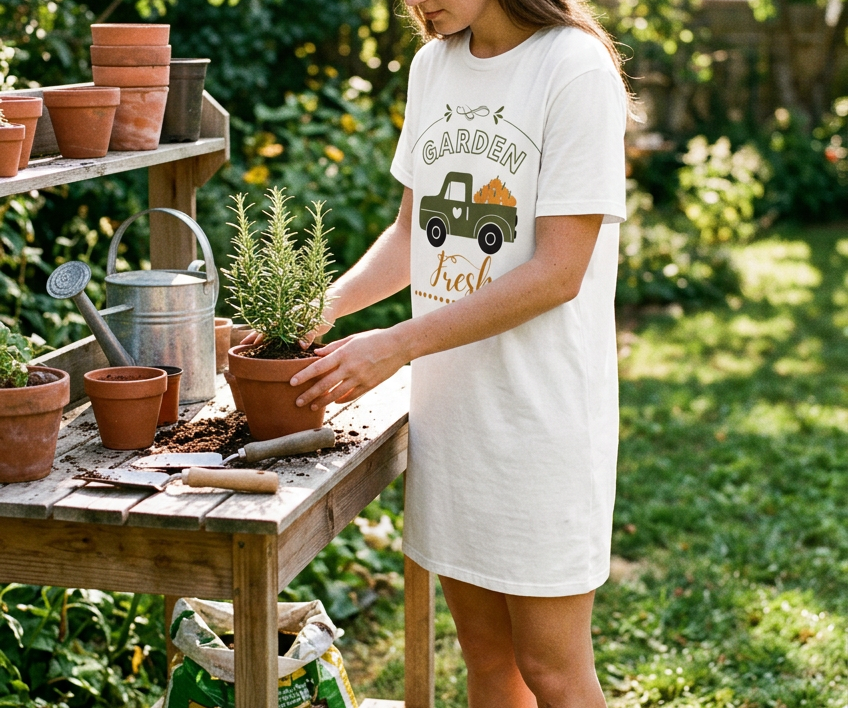Repotting rosemary wearing the Garden Fresh dress without layers