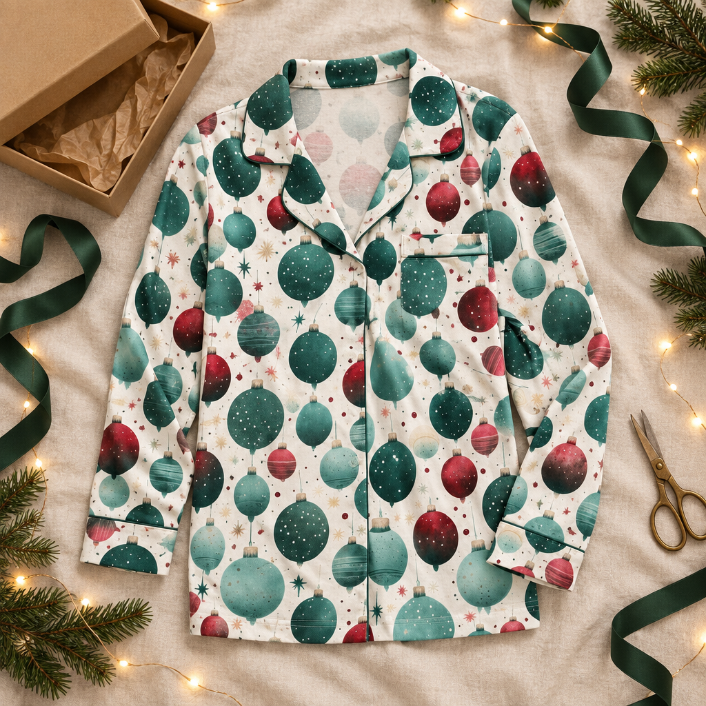 Revised black pajama top with holiday gift-wrapping props
