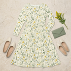 Revised dress flat lay with ballet flats and sage clutch