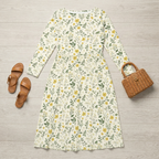 Revised dress flat lay with sandals and wicker bag