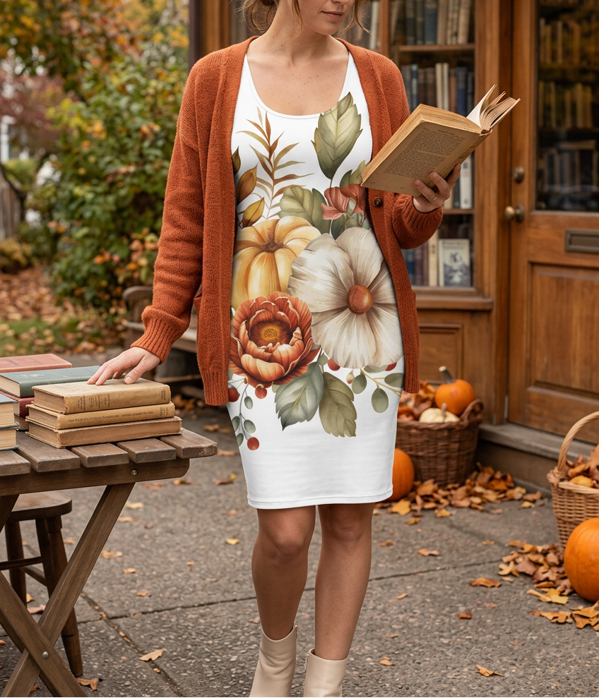 Rust cardigan and cream boots