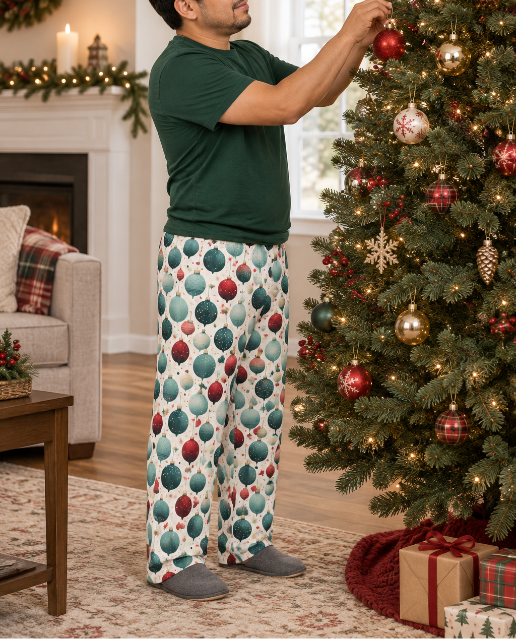 Shorter man decorating a Christmas tree