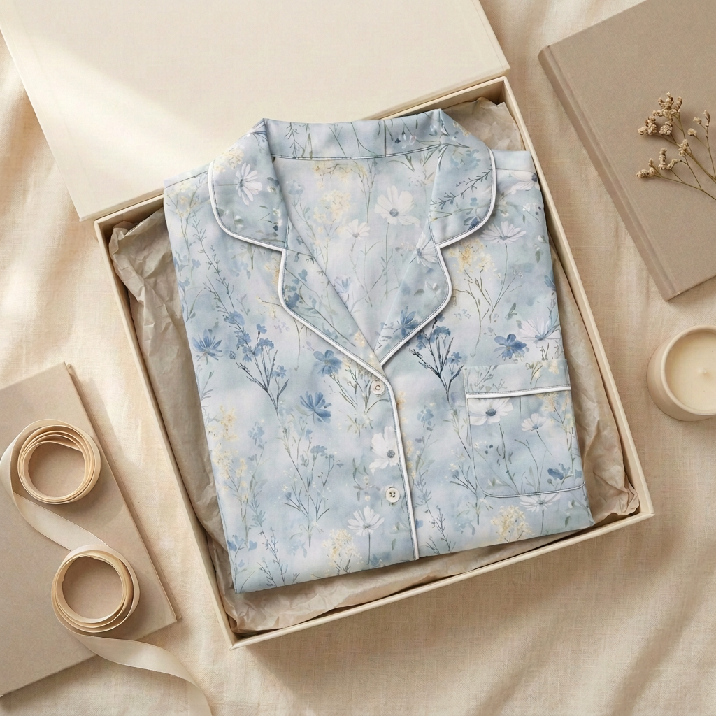 Soft blue floral pajama top with white trim folded square in cream gift box