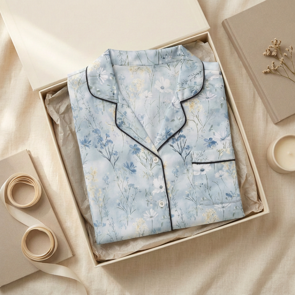 Soft blue pajama top folded square in cream gift box, sleeves fully hidden