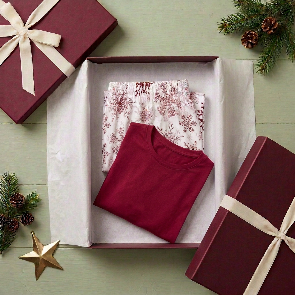 Solid red folded shirt positioned diagonally at the bottom of the gift box, clear of the snowflake pants