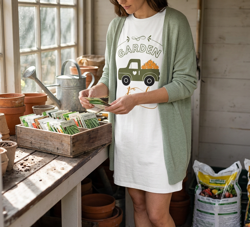 Sorting vegetable seeds at a potting bench