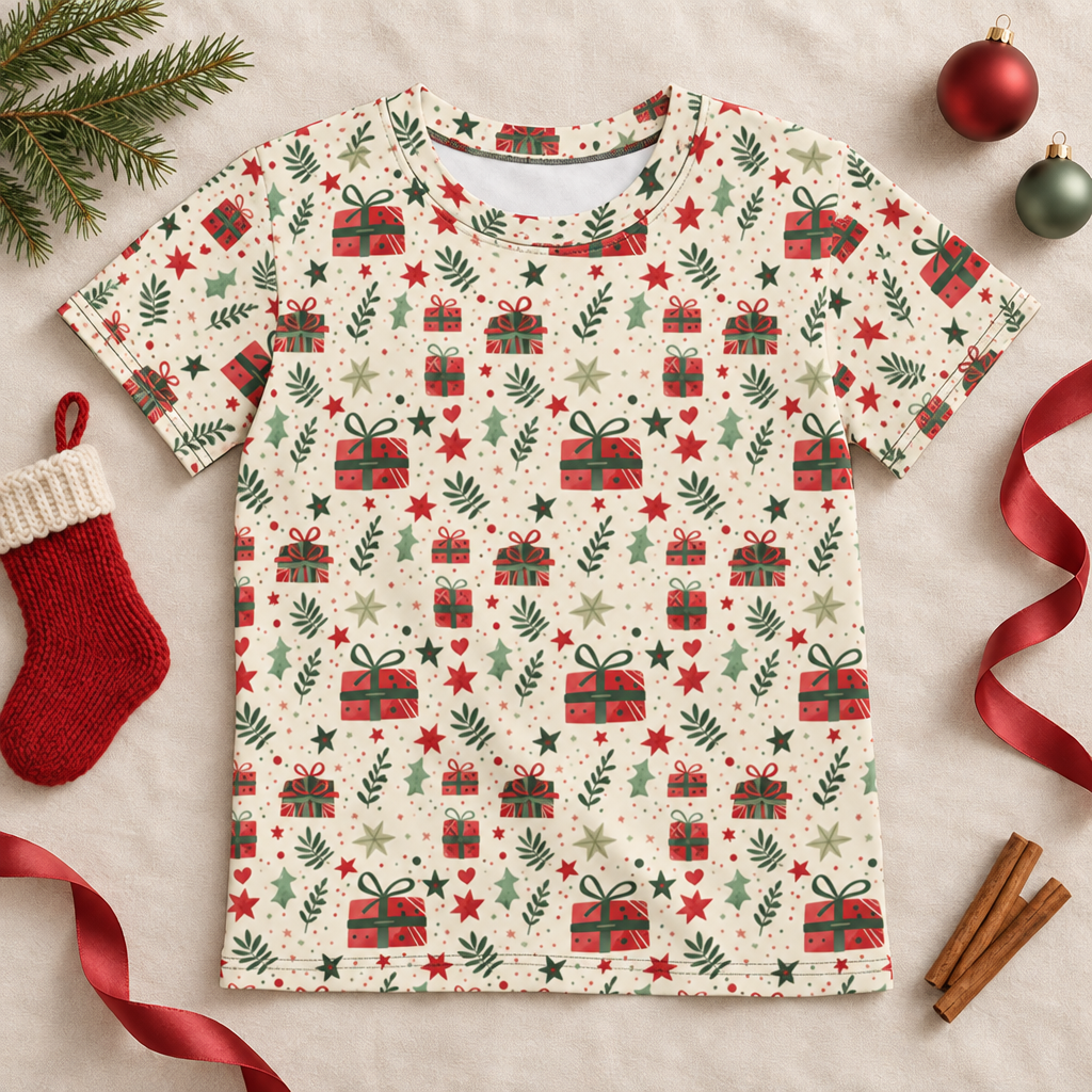 Spot 7 stocking and ornaments flat lay with the larger present print