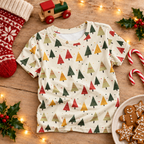 Spring Christmas kids top loosely folded with stocking, train and gingerbread