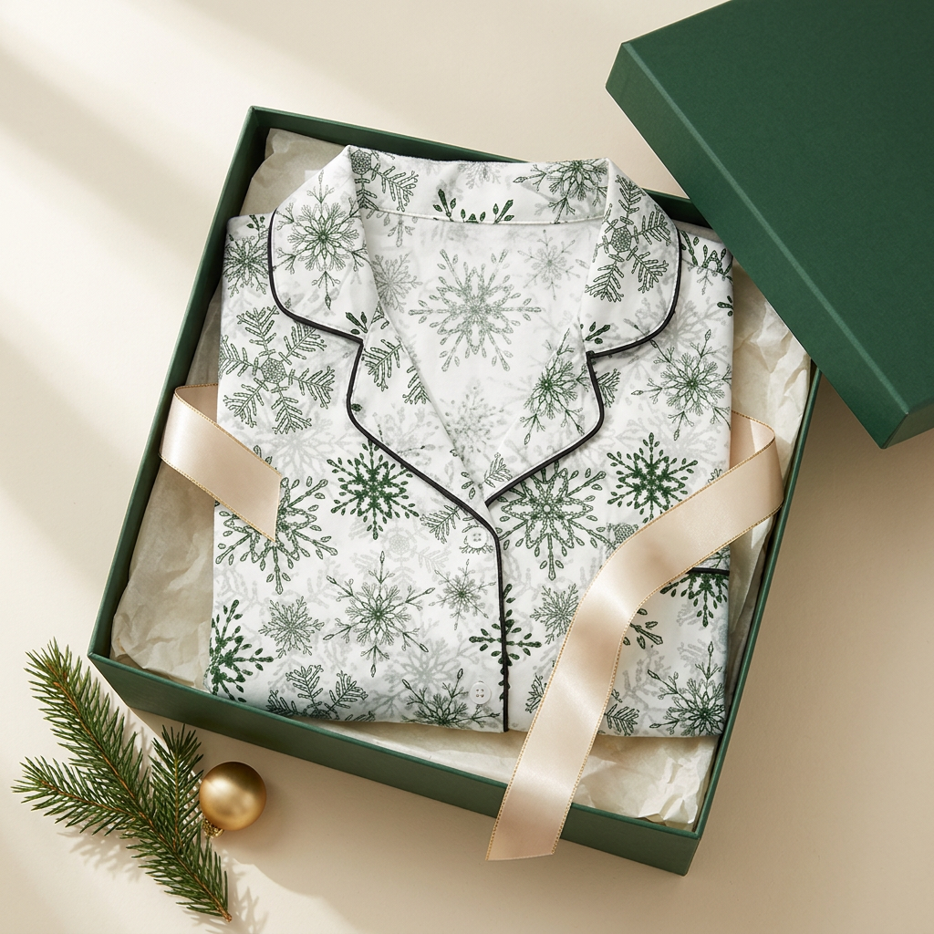 Square-folded black-trim Green Snowflake pajama top in a luxury gift box