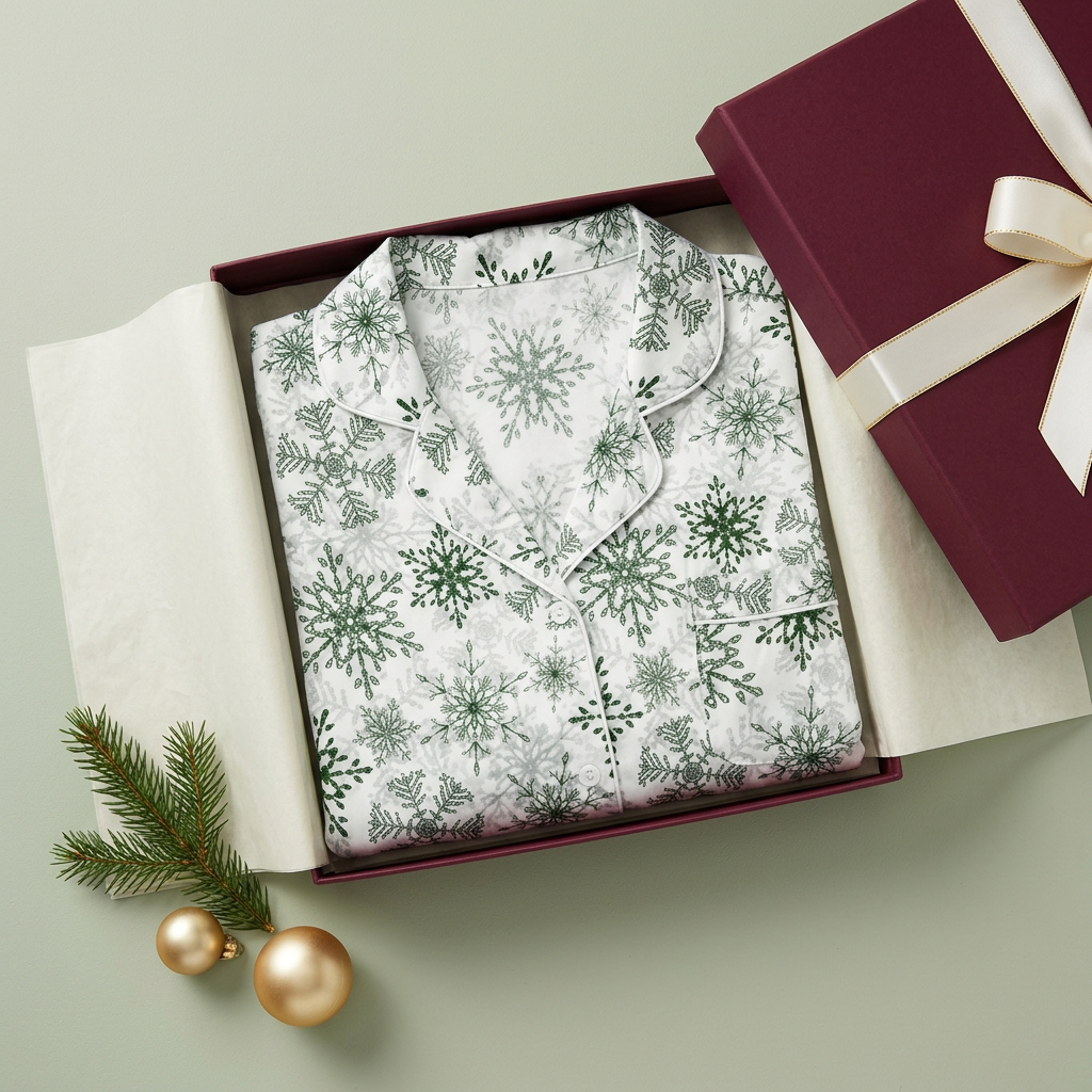 Square-folded white-trim Green Snowflake pajama top in a luxury gift box