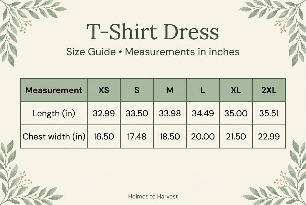 T-Shirt Dress size guide in cream, green, and botanical styling