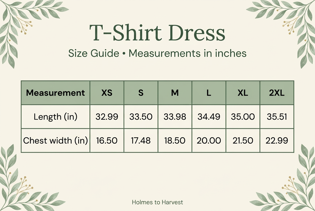 T-Shirt Dress size guide in cream, green, and botanical styling