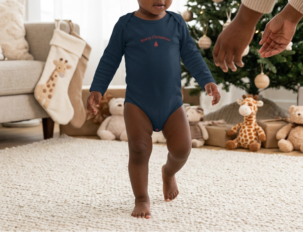 Toddler boy in navy onesie