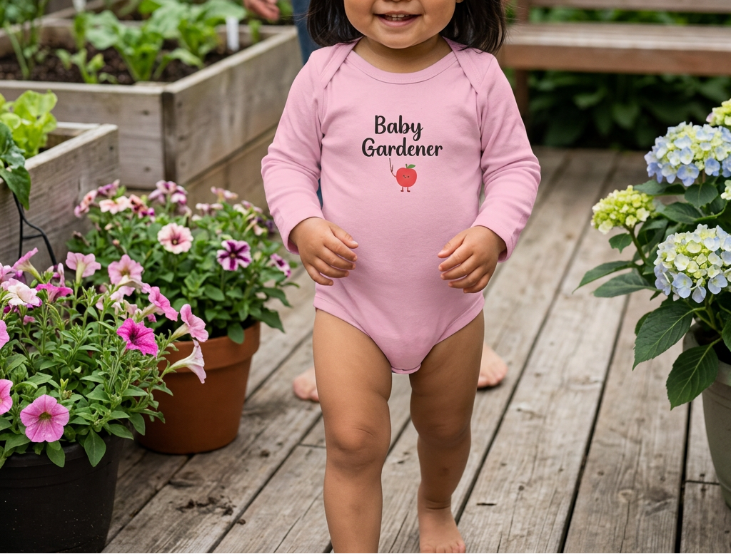 Toddler girl in pink beside flowering pots