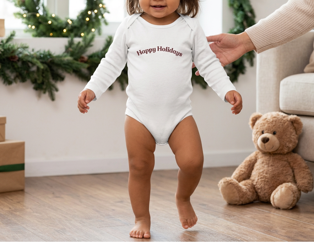 Toddler girl with longer dark hair walking in the White Happy Holidays onesie