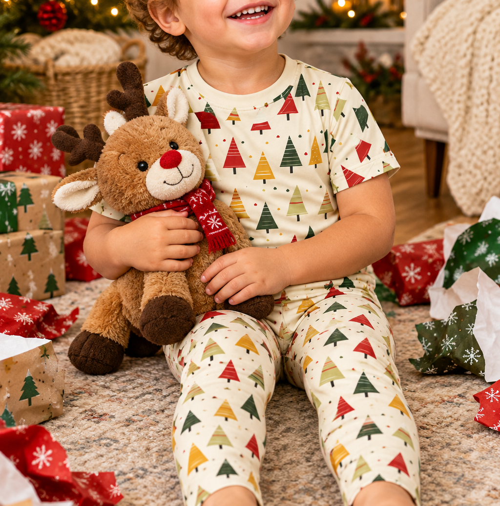 Toddler in wrapping paper with a stuffed reindeer