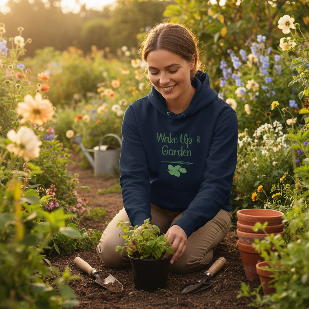 Woman in a garden wearing a hoodie with text, surrounded by plants and flowers.