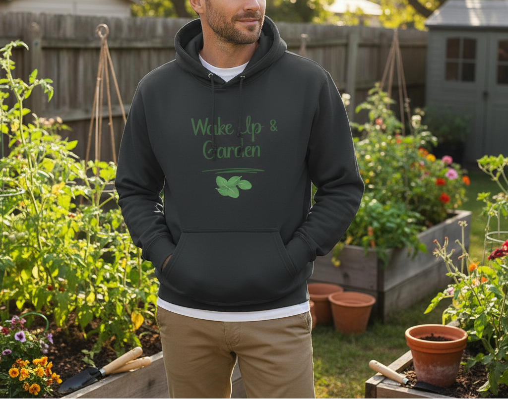 Man wearing a hoodie with 'Wake Up & Garden' text in a garden setting