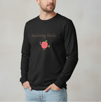 Person wearing a black long-sleeve shirt with 'Gardening Rocks' and a tomato graphic on a plain background