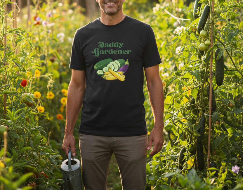 A man wearing a black graphic t-shirt that reads 'Daddy Gardener' with vegetables, standing in a lush garden holding a watering can.