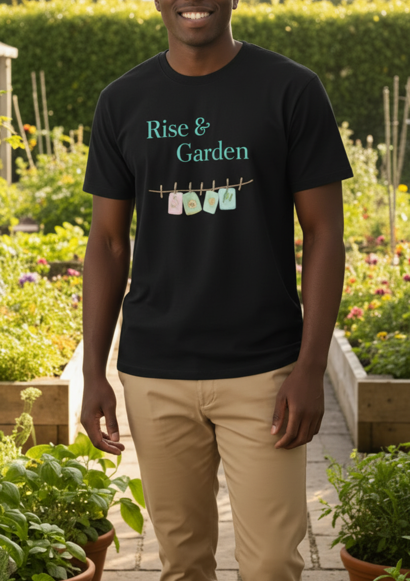A man wearing a black graphic t-shirt with the words 'Rise & Garden' and a colorful garden clothesline design, paired with khaki pants, standing in a sunny garden pathway.