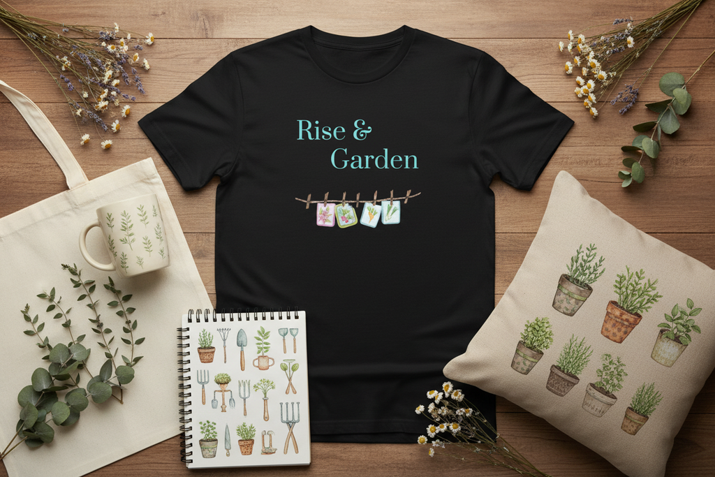 A black short-sleeve graphic T-shirt laid flat on a wooden surface, surrounded by styled props including a cream tote bag, a mug, a small notebook with gardening illustrations, a pillow with potted plants, and dried flowers. The shirt reads 'Rise & Garden' in teal above a small clothesline graphic with colorful tags.